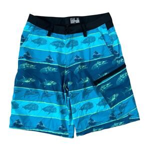 Huk Board Shorts Mens 32 KC Scott Fishing Performance Blue Marlin Tuna Print